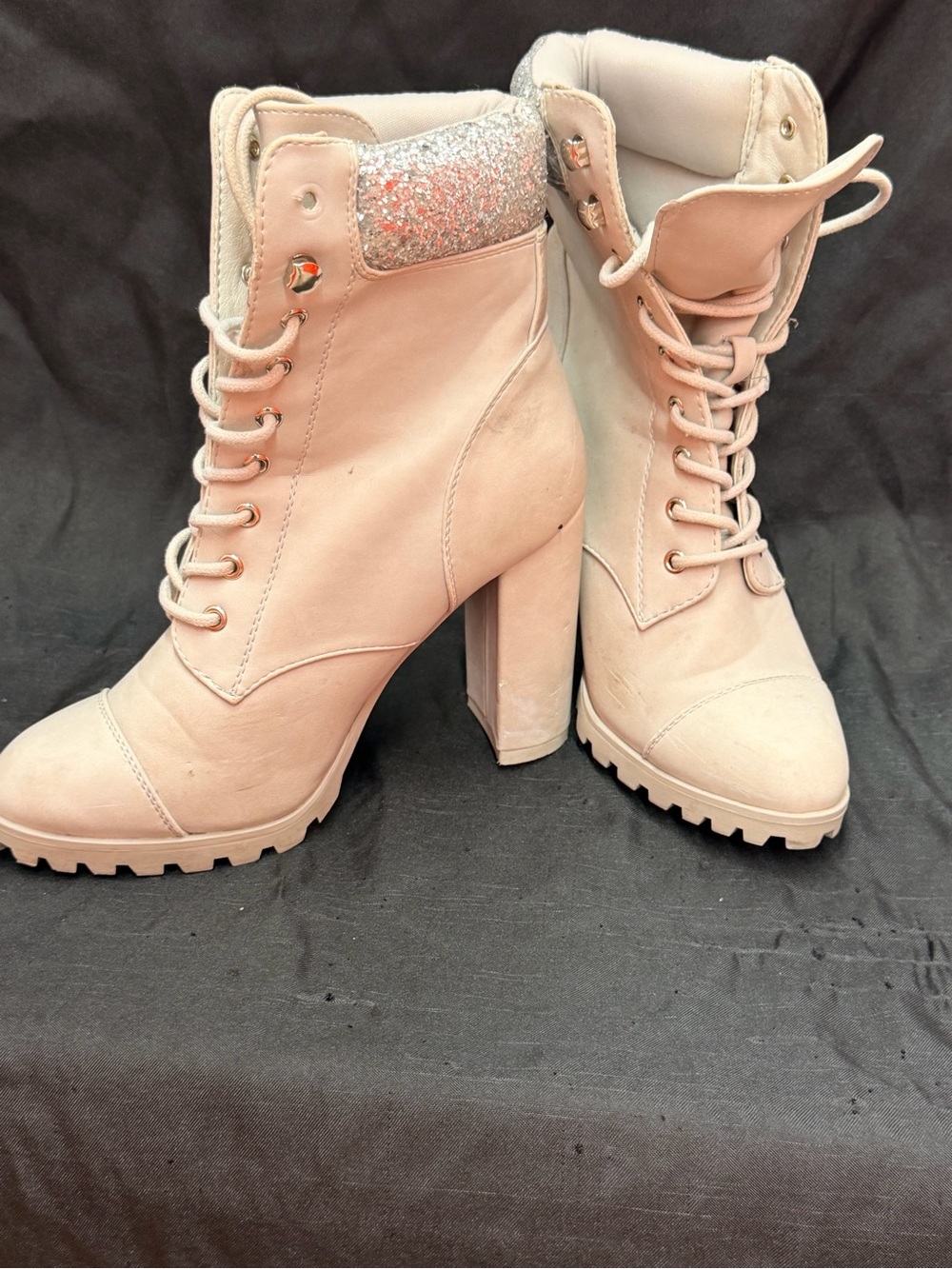Women's Lace-Up Block Heel Boots in Blush with Glitter Collar